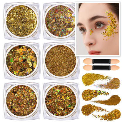 Picture of Teenitor Face Glitter Body Glitter, Gold Body Glitter Gel, Hair Glitter Gel, 6 Shapes Rave Glitter, Festival Makeup Glitters Gel, Chunky Sparkling Glitter Gel for Face, Body, Hair