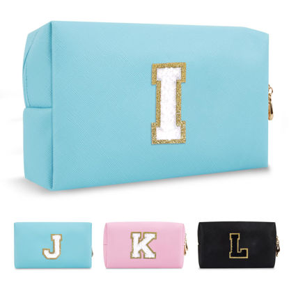 Picture of Small Personalized Initial A-Z Preppy Patch Makeup Bag,PU Chenille Letter Travel Cosmetic Pouch with Zipper,Blue Cute Toiletry Bag,Gift Ideal for Teen Girls Women Teacher Bridesmaid,Letter I