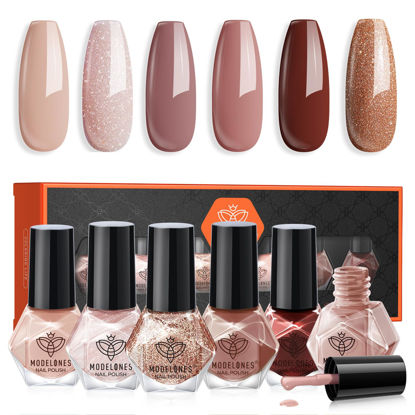 Picture of modelones Nail Polish Set 6 Colors, Nude Brown Burgundy Glitter Quick Dry Mini Nail Lacquer Kit, Skin Tone Dark Red Pink Nail Art DIY Home Travel Salon Nail Art Manicure Gift for Women Girls
