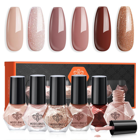 Picture of modelones Nail Polish Set 6 Colors, Nude Brown Burgundy Glitter Quick Dry Mini Nail Lacquer Kit, Skin Tone Dark Red Pink Nail Art DIY Home Travel Salon Nail Art Manicure Gift for Women Girls