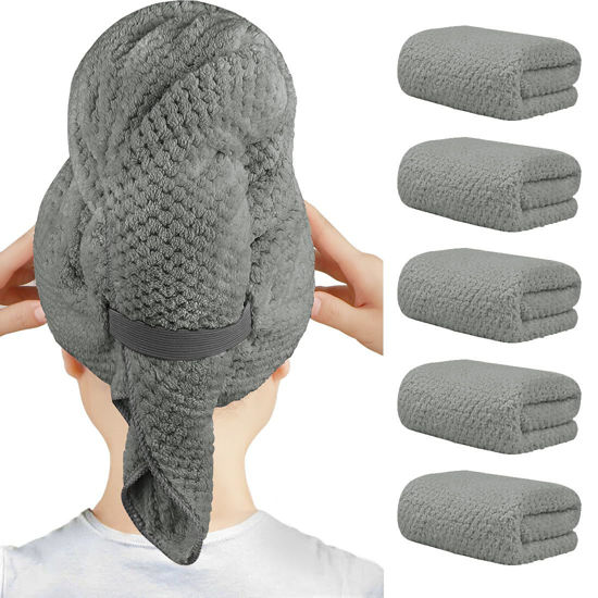 Picture of HOMEXCEL 5 Pack Large Microfiber Hair Towel Wrap for Women, Grey- 40 x 20 inches Super Soft, Fast Drying Turbans for Long, Thick, Curly Hair - Anti Frizz Wrap with Elastic Strap