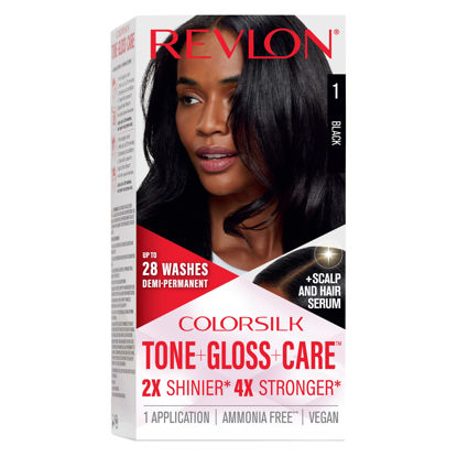 Picture of Revlon ColorSilk Tone + Gloss + Care Demi Permanent Hair Color, Hair Dye with Leave in Scalp and Hair Serum, 2x Shinier, 4x Stronger, 1 Black, 4.5 fl. oz