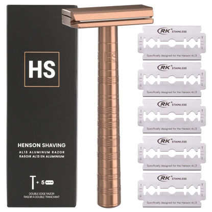 Picture of Henson Shaving Razor - Copper Double Edge Safety Razor with 5 Spare Blades - 30° Angled Precision With Superior Blade Rigidity- Reusable Single Blade Razors For Men and Women