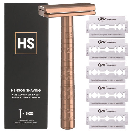 Picture of Henson Shaving Razor - Copper Double Edge Safety Razor with 5 Spare Blades - 30° Angled Precision With Superior Blade Rigidity- Reusable Single Blade Razors For Men and Women