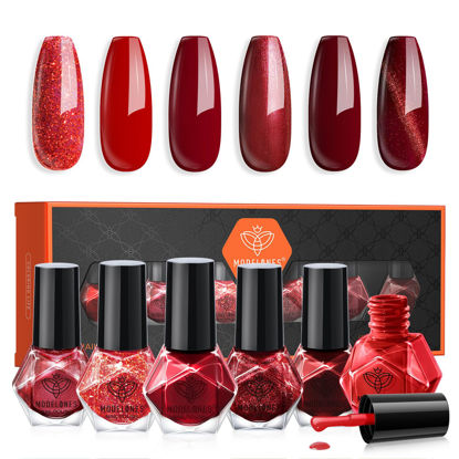 Picture of modelones Red Nail Polish Set 6 Colors, Valentine’s Day Apple Red Cat Eye Glitter Mini Quick Dry Nail Lacquer Kit, Ruby Cherry Red Magnetic Sparkle Burgundy DIY Nail Art Manicure Gift for Women Girls
