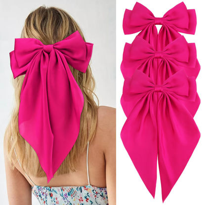 Picture of Velscrun 3Pcs Hair Bows for Women Rose Pink Hair Bow Big Hair Bows Clips for Girls Silky Satin Large Hair Ribbons Oversized Long Tail Hair Bows Hair Barrettes Hair Accessories Christmas Gifts