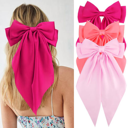 Picture of Velscrun 3Pcs Hair Accessories - Rose Pink, Neon Pink Silky, and Big Satin Oversized Long Tail Barrettes Clips with Ribbons for Women & Girls, Gifts