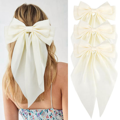 Picture of Velscrun 3Pcs Hair Bows for Women White Hair Bow Big Hair Bows Clips for Girls Silky Satin Large Hair Ribbons Oversized Long Tail Hair Bows Hair Barrettes Hair Accessories Christmas Gifts