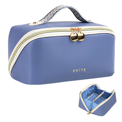 Picture of Prite Travel Cosmetic Bag Makeup Organizer Bag For Women Large Capacity Waterproof PU Leather Toiletry Bag with Handle and Clear Divider(Blue)