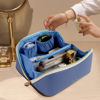 Picture of Prite Travel Cosmetic Bag Makeup Organizer Bag For Women Large Capacity Waterproof PU Leather Toiletry Bag with Handle and Clear Divider(Blue)