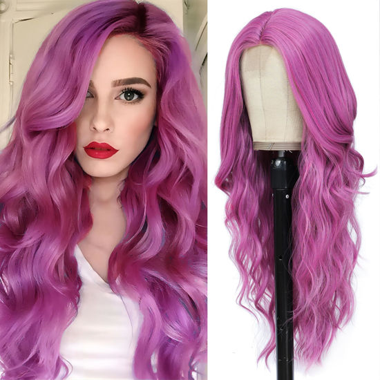 Picture of Long Purple Wig for Women 26Inch Wavy Curly Hair Wigs Synthetic Hair Replacement Wig Heat Resistant Hair Wig for Daily Party Use(26'' Purple)