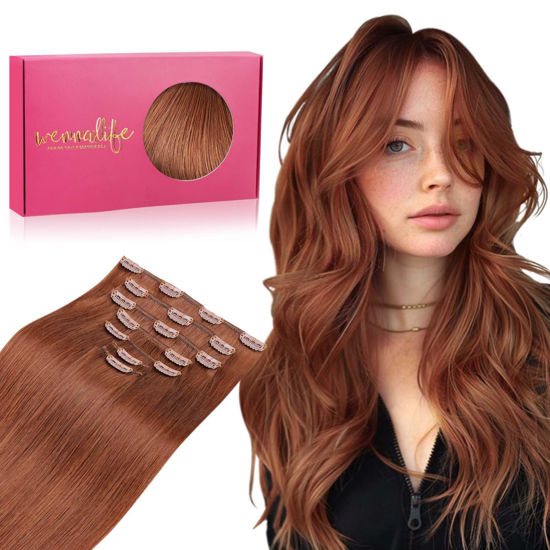 Picture of WENNALIFE Clip in Hair Extensions Real Human Hair, 22 Inch 120g 7pcs Clip in Hair Extensions Real Human Hair, Dark Auburn Copper Human Hair Clip in Extensions Remy Human Hair Extensions Clip Ins