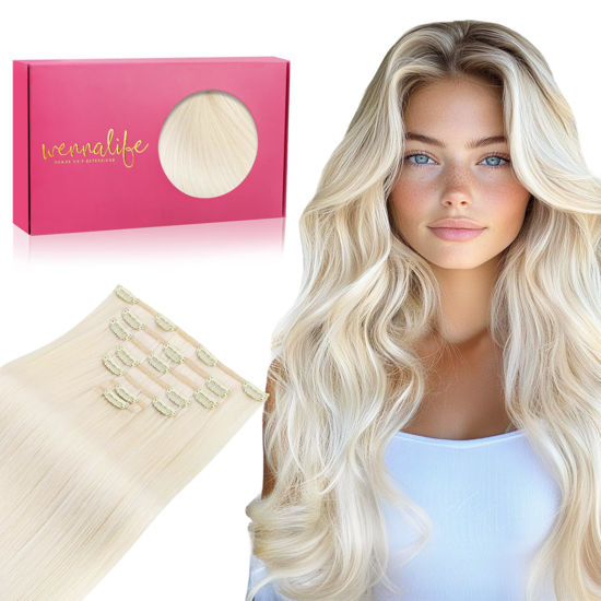 Picture of WENNALIFE Clip in Hair Extensions, 20 Inch 120g 7pcs Clip in Hair Extensions Real Human Hair, White Blonde Human Hair Clip in Extensions Remy Human Hair Extensions Clip Ins Double Weft