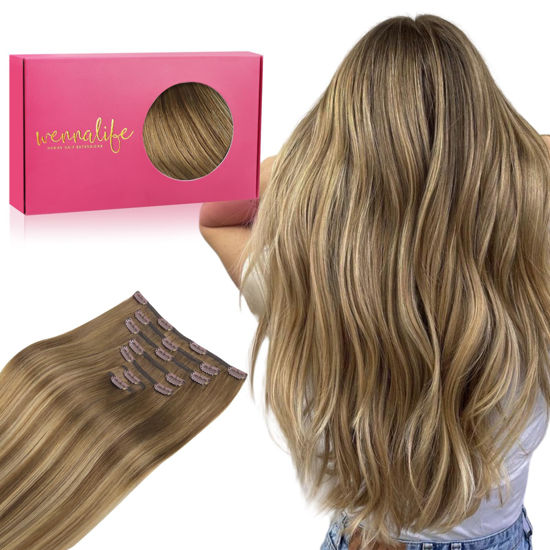 Picture of WENNALIFE Clip in Hair Extensions Real Human Hair, 14 Inch 120g 7pcs Human Hair Extensions Clip In Human Hair, Balayage Chestnut Brown Mixed Dirty Blonde Hair Extensions Clip In Real Hair Remy Human