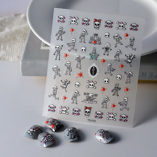 Picture of Halloween Nail Art Stickers 5D Embossed Skull Nail Stickers Blood Skeleton Nail Decals Self-Adhesive for Women Girls Manicure DIY Holiday Nail Supplies