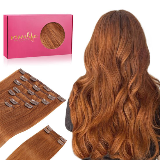 Picture of WENNALIFE Clip in Hair Extensions Real Human Hair, 18 Inch 150g 9pcs Human Hair Extensions Clip In, Dirty Ginger Hair Extensions Clip In Real Hair Coloured Remy Human Hair Extensions