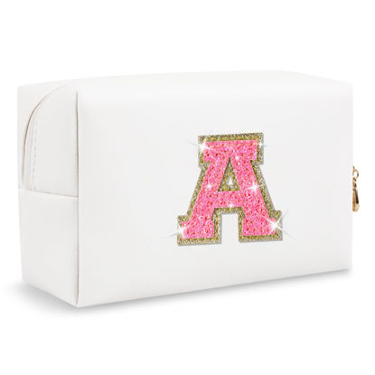 Picture of Small Personalized Initial A-Z Patch Makeup Bag,White Cute PU Leather Glitter Letter Cosmetic Bag for Teen Girls,Travel Toiletry Bag with Zipper,Preppy Monogrammed Birthday Gift for Daughter Niece A