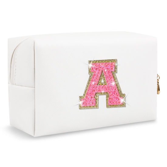 Picture of Small Personalized Initial A-Z Patch Makeup Bag,White Cute PU Leather Glitter Letter Cosmetic Bag for Teen Girls,Travel Toiletry Bag with Zipper,Preppy Monogrammed Birthday Gift for Daughter Niece A