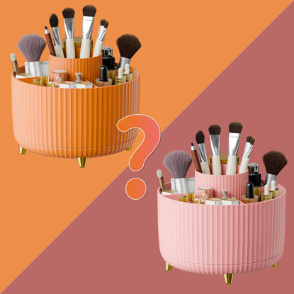 Picture of 360° Rotate Makeup Brush Holder Organizer, Makeup Organizers Countertop, Makeup organization and Skincare Storage for Vanity, Desktop, Bathroom (Orange-Pink random)
