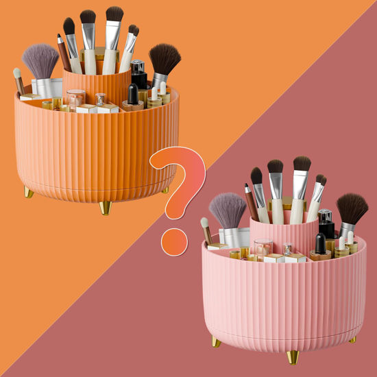 Picture of 360° Rotate Makeup Brush Holder Organizer, Makeup Organizers Countertop, Makeup organization and Skincare Storage for Vanity, Desktop, Bathroom (Orange-Pink random)