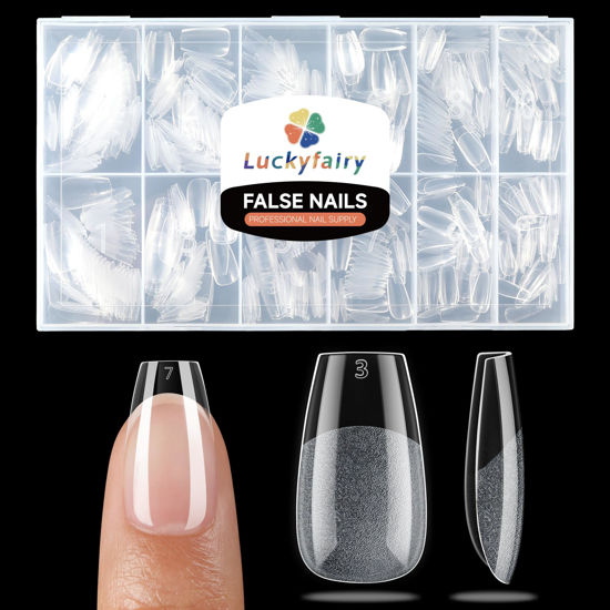 Picture of Luckyfairy Short Coffin Fake Nails, Soft Gel Pre-Shaped Acrylic Short Ballerina Nail Tips, Half Matte Full Cover Clear Press on Flase Nail Tips for Nail Extension Home DIY 504pcs/12 Sizes Gelly Tips