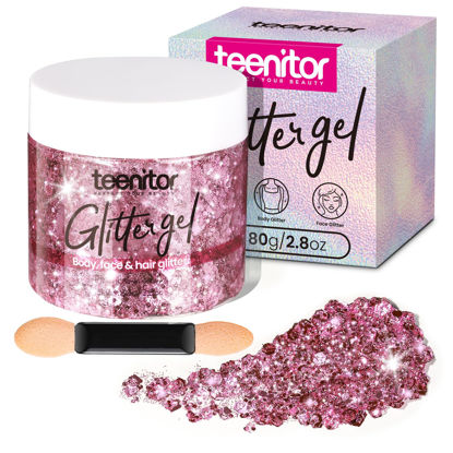 Picture of Teenitor Pink Body Glitter, Chunky Face Glitter, Pink Glitter Hair Glitter Gel, 80g/2.8oz Holographic Glitter for Face Body Hair, Festival Party Cheer Glitter Makeup