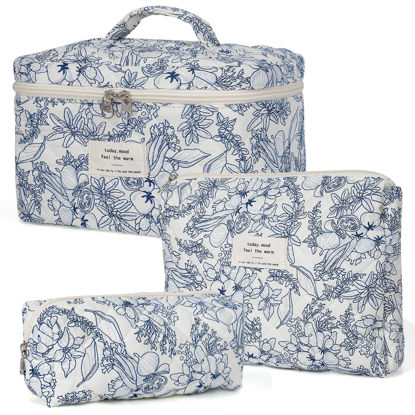 Picture of Makeup Bag,Quilted Cosmetic Bag,Large Floral Make Up Bag for Women,Cotton Makeup Bag Set,Flower Travel Toiletry Bag