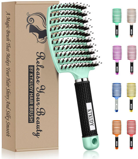 Picture of KTKUDY Detangling Brush Boar Bristles Hair Brush Make Hair Shiny & Healthier Curved and Vented Detangler Brush for Women Men Kids Wet and Dry Hair (Turquoise)