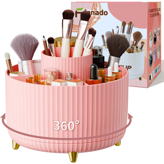 Picture of 360° Rotate Makeup Brush Holder Organizer, Makeup Organizers Countertop, Makeup organization and Skincare Storage for Vanity, Desktop, Bathroom (Pink)