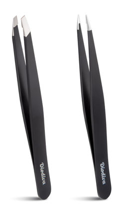 Picture of 2-Pack Tweezers for Eyebrows, Facial Hair, Ingrown Hair Removal, Slant and Point Tip Tweezer Set for Women and Men, Professional Stainless Steel Precision Eyebrow Plucking Grooming with Case - Black