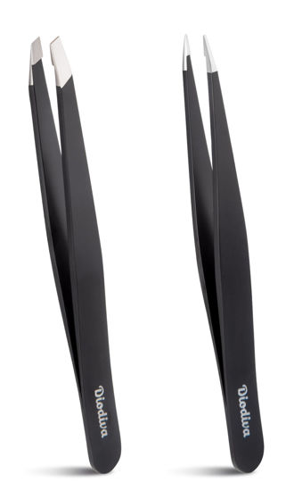 Picture of 2-Pack Tweezers for Eyebrows, Facial Hair, Ingrown Hair Removal, Slant and Point Tip Tweezer Set for Women and Men, Professional Stainless Steel Precision Eyebrow Plucking Grooming with Case - Black