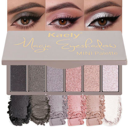 Picture of Kaely 6 Colors Mini Eyeshadow Makeup Palette for Women Natural Looks, Black Dark Smoky Grey Nude Pink Rose Champagne Gold Pearl White Glitter Shimmer Eye Shadow Palette Built in Mirror Travel Size 03