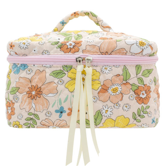 Picture of PAZIMIIK Cotton Makeup Bag for Women Large Quilted Travel Cosmetic Case Girls' Make Up Organizer,Floral Orange