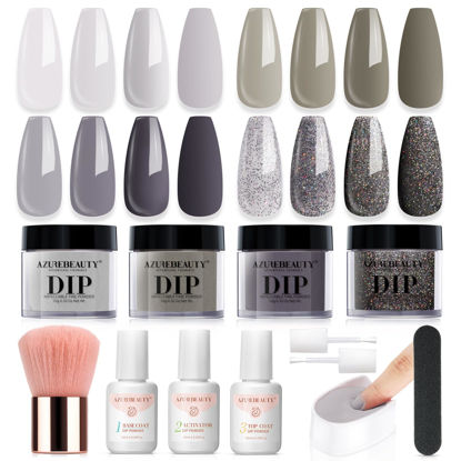 Picture of AZUREBEAUTY Dip Powder Nail Kit Starter, Light & Dark Grey Black Glitter Sparkle, 4 Colors Dipping Powder Set All Seasons, French Nail Art Base Top Coat Activator Liquid Manicure DIY Salon 12 PCS