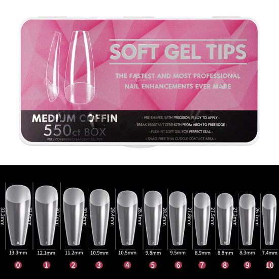 Picture of Cycullinyt Medium Coffin Nail Tips, Full Cover Clear Soft Gel Tips, Medium Coffin False Nail Tips for Acrylic Nails Extension with Box, 550PCS, 11 Sizes(Style 01)