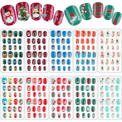 Picture of 240 Pieces Children False Nails Kids Girls Press on Short Artificial Fake Nails Cute Pre Glue Full Cover Acrylic Nail Tip Kit for Children Little Girls Nail Decoration (Snowman)