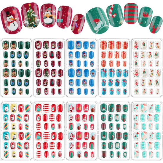 Picture of 240 Pieces Children False Nails Kids Girls Press on Short Artificial Fake Nails Cute Pre Glue Full Cover Acrylic Nail Tip Kit for Children Little Girls Nail Decoration (Snowman)