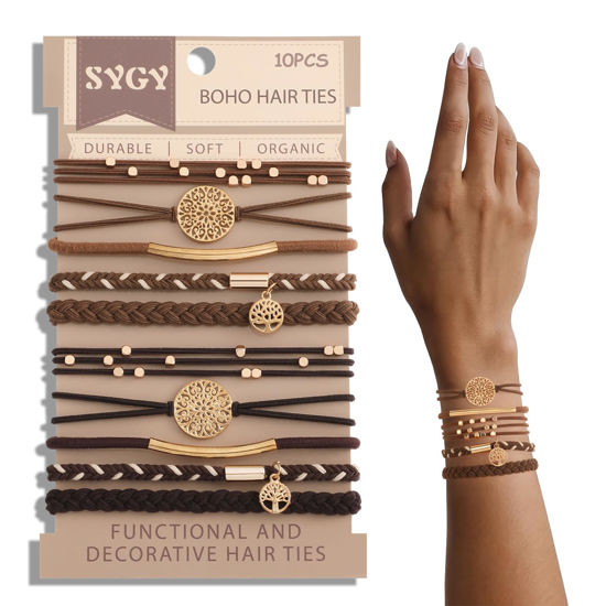 Picture of 10 PCS Hair Ties Bracelets, Boho Hair Ties for Thick & Thin Hair, Cute Stretch Bracelets, Braided Hair Ties for Ponytail Holders, 5 Styles Hair Ties No-Damage, Dark Coffee