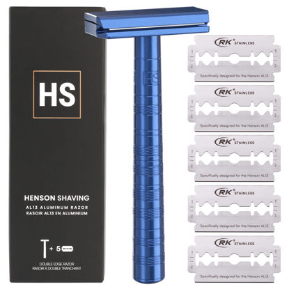 Picture of Henson Shaving Razor - Steel Blue Double Edge Safety Razor with 5 Spare Blades - 30° Angled Precision With Superior Blade Rigidity- Reusable Single Blade Razors For Men and Women