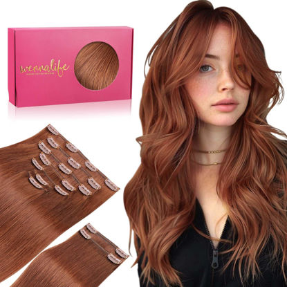 Picture of WENNALIFE Clip in Hair Extensions Real Human Hair, 22 Inch 150g 9pcs Human Hair Extensions Clip In, Dark Auburn Copper Hair Extensions Clip In Real Hair Coloured Remy Human Hair Extensions