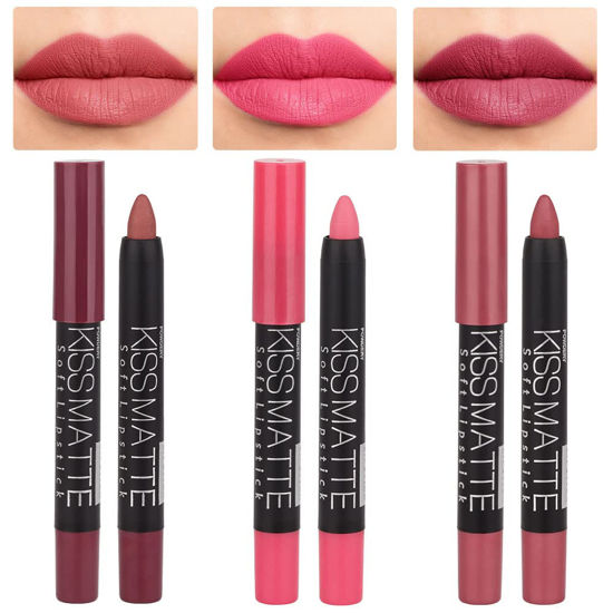 Picture of evpct 3Pcs Light Natural Pink Metallic Matte Lip Liner Pencil Crayon and Lipstick Set Long Lasting Waterproof DNM Matching Lipstick and Lip Liner Set 24 Hour labiales mate 24 horas originales 1&4&7