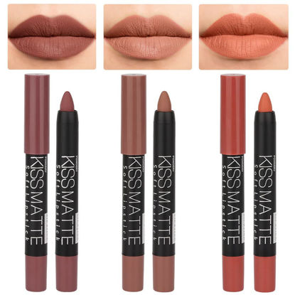 Picture of evpct 3Pcs Nude Beige Dark Light Brown Yellow Matte Lipstick and Lip Crayon Lip Liner Stick Pencil duo Makeup Set Long Lasting 24 Hour Waterproof Lip Gloss labiales mate 24 horas originales 08&17&19