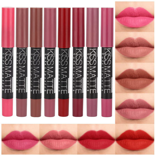 Picture of evpct 8Pcs Nude Pink Beige Ruby Rose Red Brown Mauve Matte Lipstick and Lip Crayon Lip Liner Pencil Pen Set for Women labial labiales mate magicos 24 horas originales pintalabios permanente 24 horas