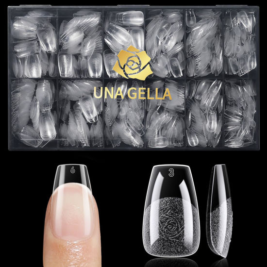 Picture of UNA GELLA Short Coffin Nail Tips, 600Pcs Short Gel Nail Tips Coffin Shape 12 Sizes Soft Gel Nail Tips Pre-file Fake Nails Full Cover Nail Tips for Acrylic Nail Extension Home DIY Salon with Box