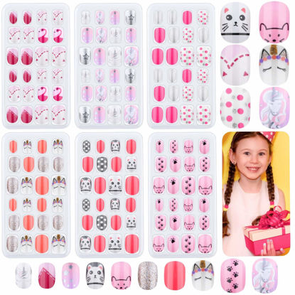Picture of Fake Press on Nails for Kids, Thrilez 144 Pcs Kids False Nails Children Artificial Fake Nail Tips Pre Glue Full Cover Short Nails for Girls Kids Teens Nail Art Decoration (Pink Series)