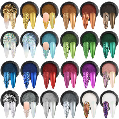 Picture of Fcozpjk Chrome Nail Powder Set 24 Colors, Mirror Effect Gold Silver Chrome Glitter Powder White Pearl Chrome Powder Iridescent Pigment for Nails Opal Flakes Gold Leaf for Nail Art Decoration