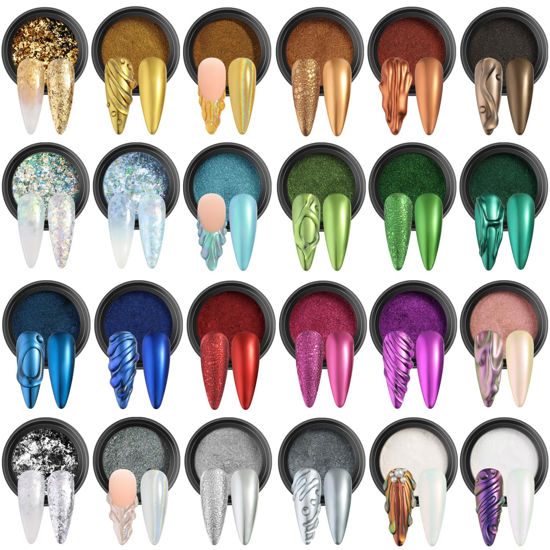 Picture of Fcozpjk Chrome Nail Powder Set 24 Colors, Mirror Effect Gold Silver Chrome Glitter Powder White Pearl Chrome Powder Iridescent Pigment for Nails Opal Flakes Gold Leaf for Nail Art Decoration