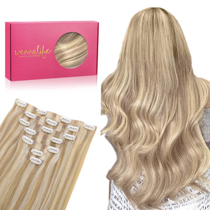 Picture of WENNALIFE Seamless Clip In Hair Extensions, 18 Inch 130g 7pcs Dirty Blonde Highlighted Bleach Blonde Hair Extensions Clip in Human Hair Invisible PU Skin Weft Natural Remy Human Hair Extensions