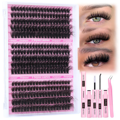 Picture of Focipeysa Fluffy Lash Extension Kit 70D 80D 90D Thick Lash Extension Kit 10-18mm Wispy Lash Clusters Individual Lashes Kit with Lash Bond and Seal for DIY Lash Extension at Home