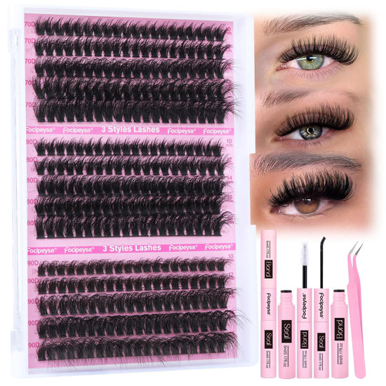 Picture of Focipeysa Fluffy Lash Extension Kit 70D 80D 90D Thick Lash Extension Kit 10-18mm Wispy Lash Clusters Individual Lashes Kit with Lash Bond and Seal for DIY Lash Extension at Home